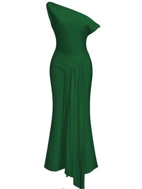 One-Shoulder Emerald Green Midi Dress